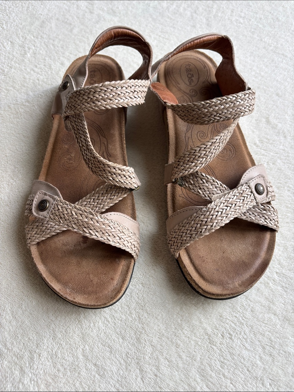 Taos Trulie Sandals Women's 10 Beige Tan Leather Strappy Braided Wedge Cork - Picture 3 of 8